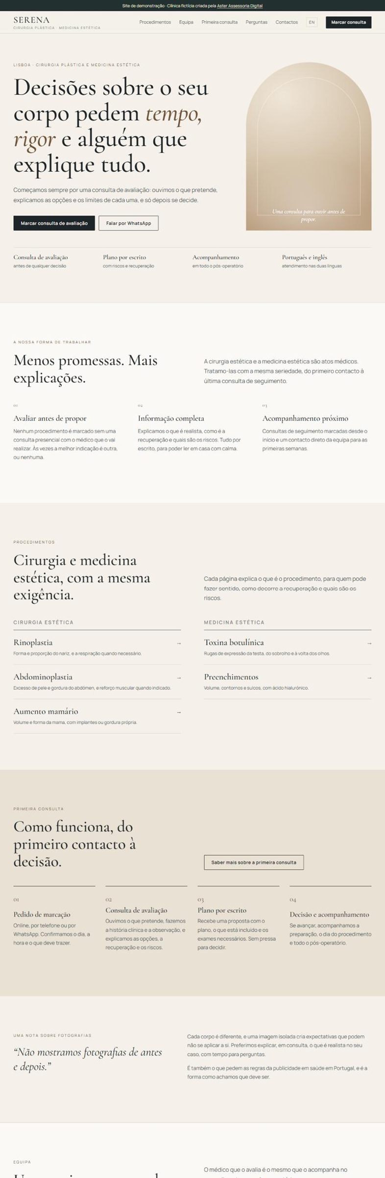 Página inicial do site de demonstração da Clínica Serena, uma clínica fictícia criada pela Aster